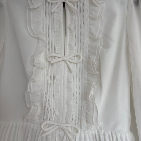 Self-Portrait Crepe Mini Dress White Ruffled Bib Bow Detail Pleated Sz 6 - Picture 5 of 9